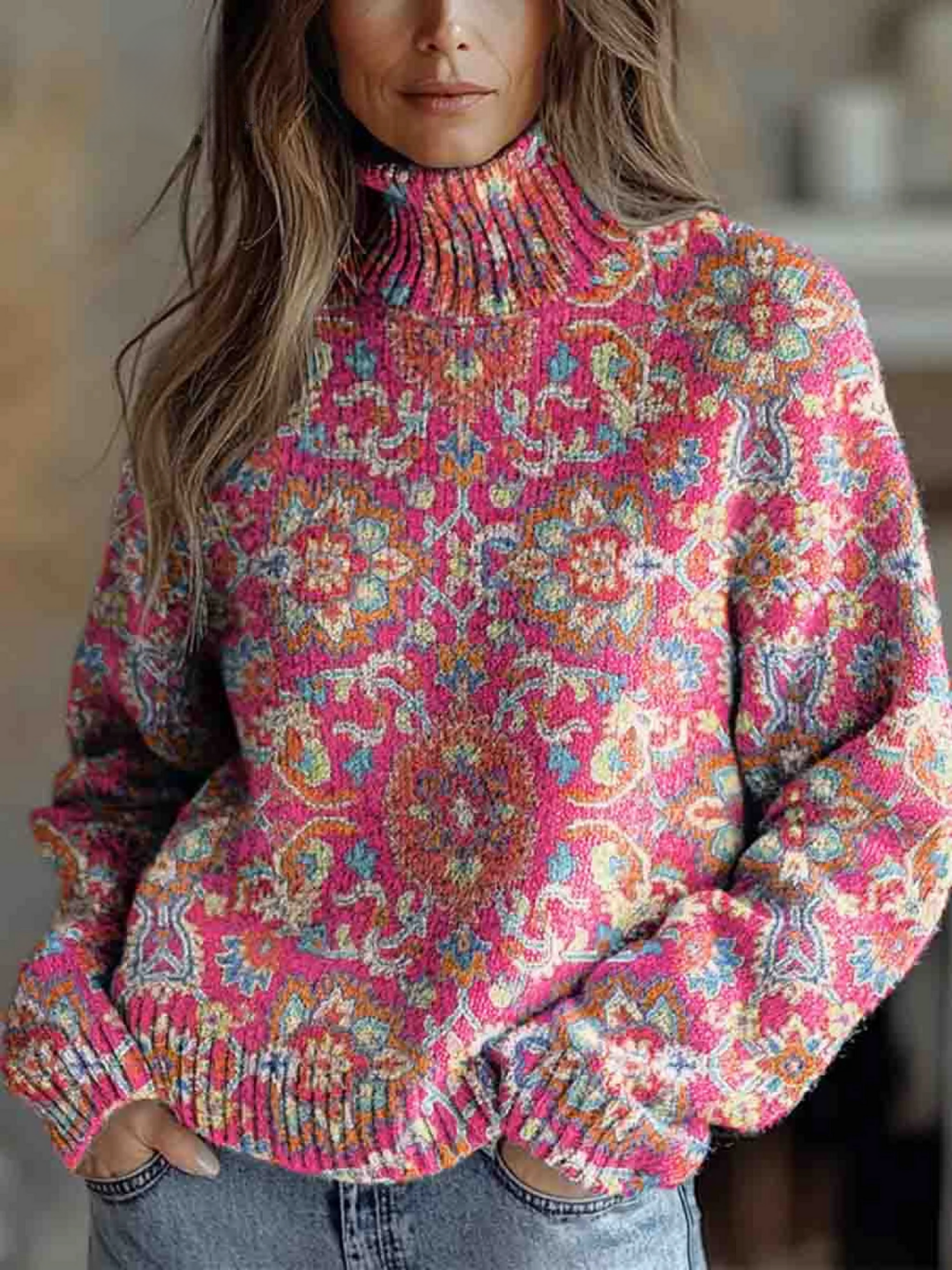 Isla | Retro Floral Turtleneck Knit Sweater