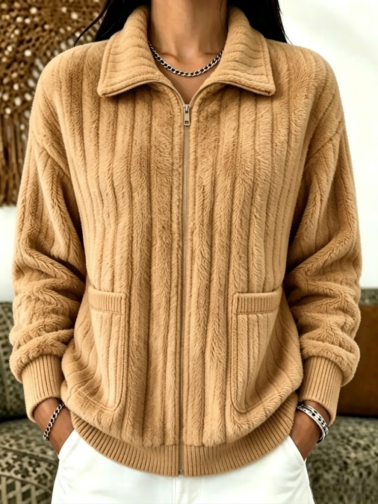 Cozy Fleece Zip-Up Jacket | Plush Ribbed Full-Zip Jacket