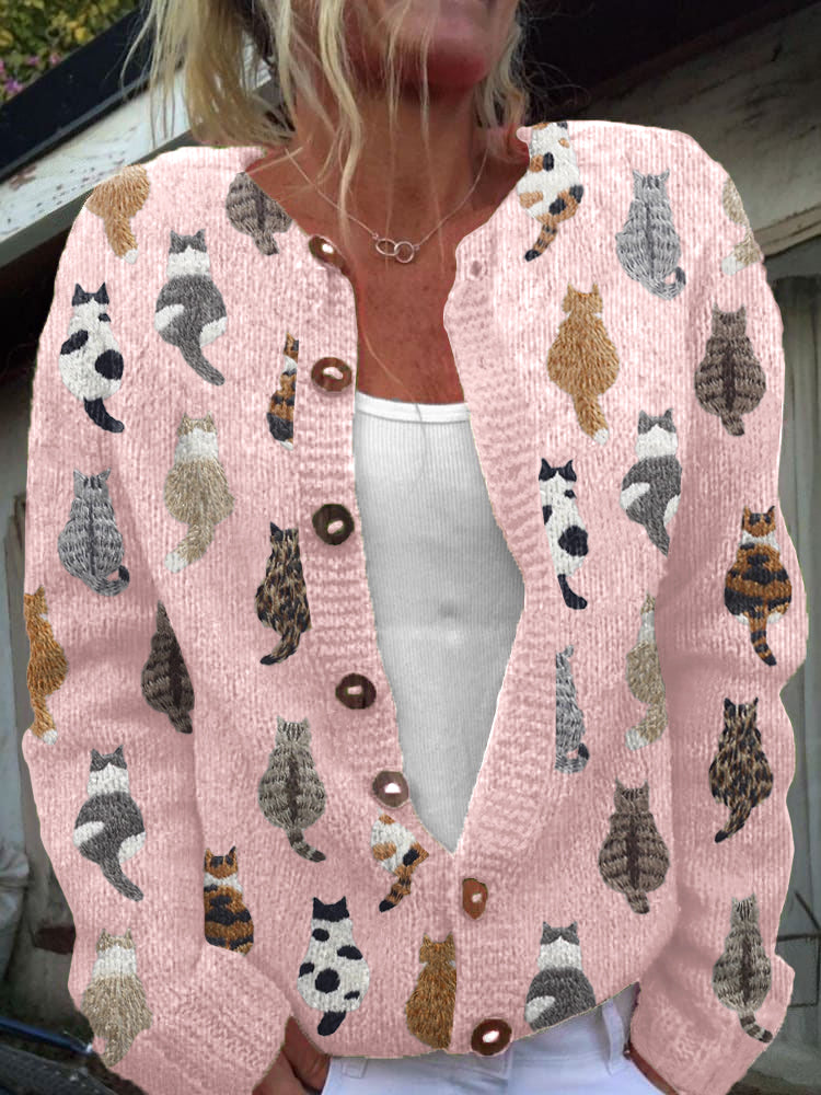 Charlotte | Cozy Cat Print Knit Cardigan