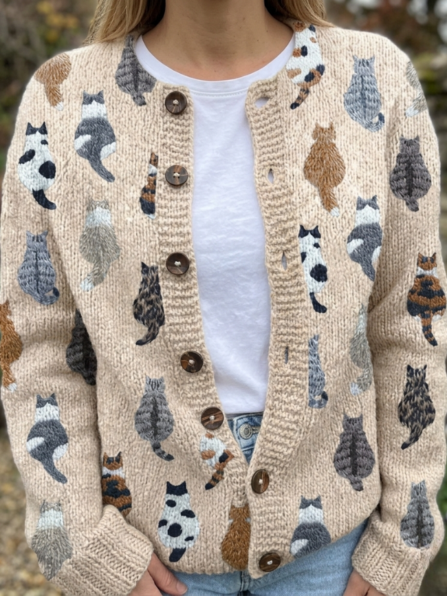 Charlotte | Cozy Cat Print Knit Cardigan